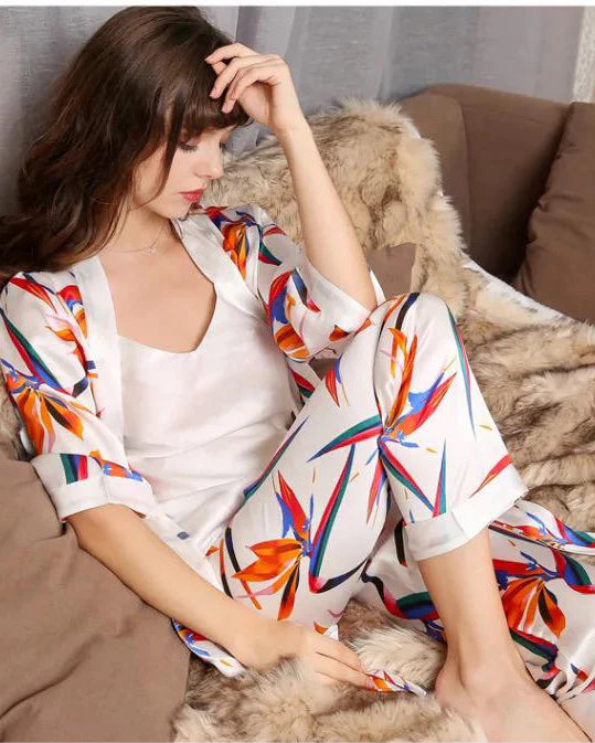 Three Piece Flower Printed V-Neck Cami Top With Gown & Pajama Set